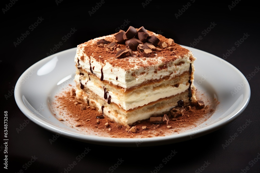 Traditional food photography - Italian tiramisu cake on plate, isolated on white background | Generative AI Traditional food photography - Italian tiramisu cake on plate, isolated on white background | Generative AI