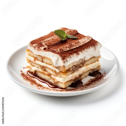 Traditional food photography - Italian tiramisu cake on plate, isolated on white background | Generative AI