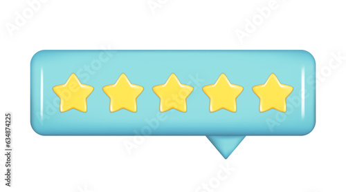 Realistic 3d notification tooltip UI with 5 golden stars. Customer 3d quality reviews, user rating, feedback score, glossy speech bubble icon. Vector illustration isolated on white background