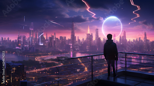 Technologically advanced urban landscape at dusk. Generated AI