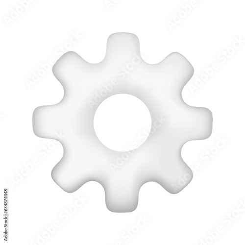 Realistic 3d white glossy settings icon. Cartoon 3d cogwheel gear, optimizing business concept, repair symbol, technical service or support icon. Vector illustration isolated on white background