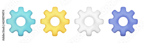 Set of realistic 3d glossy settings icon. Cartoon 3d cogwheel gear, optimizing business concept, repair symbol, technical service or support icon. Vector illustration isolated on white background
