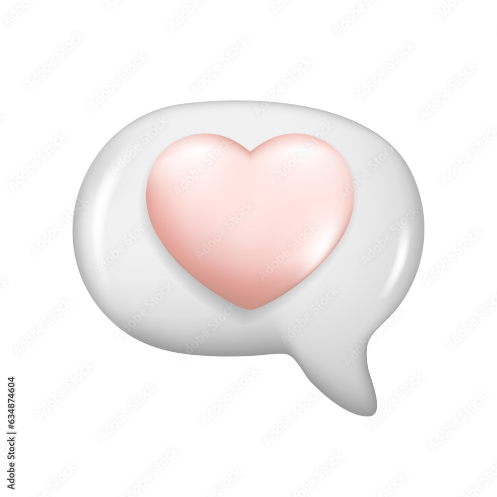 Realistic 3d white glossy speech bubble with pink heart. Cartoon 3d message box symbol, chatting box, chat dialogue icon with love concept. Vector illustration isolated on white background Realistic 3d white glossy speech bubble with pink heart. Cartoon 3d message box symbol, chatting box, chat dialogue icon with love concept. Vector illustration isolated on white background