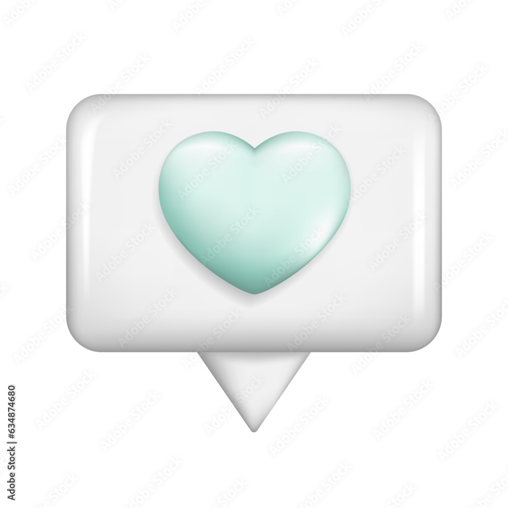 Realistic 3d white glossy speech bubble with blue heart. Cartoon 3d message box symbol, chatting box, chat dialogue icon with love concept. Vector illustration isolated on white background Realistic 3d white glossy speech bubble with blue heart. Cartoon 3d message box symbol, chatting box, chat dialogue icon with love concept. Vector illustration isolated on white background