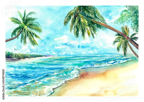 Fototapeta Naklejka Na Ścianę i Meble -  Blue sea, sandy beach and palm trees. Watercolor illustration of a seascape. Background design element for greeting cards, invitations, covers.