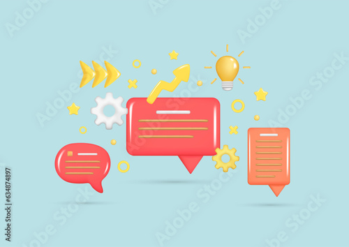 Set of realistic 3d pink speech bubble, message button, chat box with talk speech notification, light bulb, arrow, settings icon. Dialogue 3d icon, speak bubble symbol. Glossy vector illustration