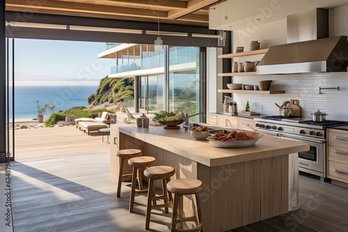 Modern and contemporary kitchen with a farmhouse touch and view of the ocean. © 2rogan