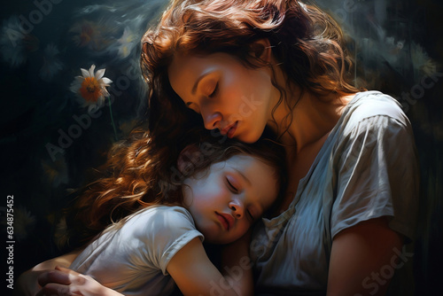 Mother and daughter sleeping together. Love, Care, Protection, Female ancestors Support concept. Metaphoric art