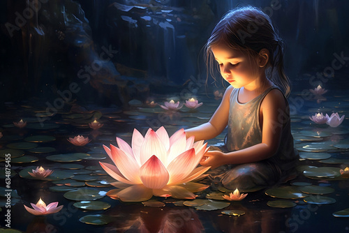 Beautiful toddler girl playing with lotus flower. Inner child meditation concept