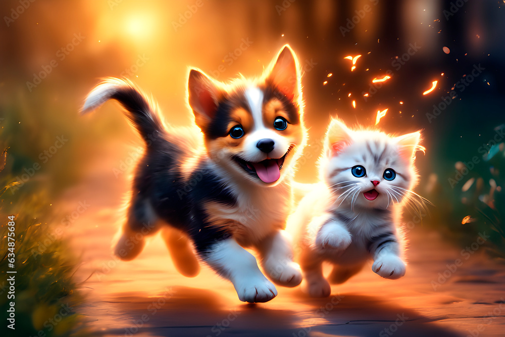Obraz premium Happy kitten and puppy in motion runs, magical backlight, glowing background