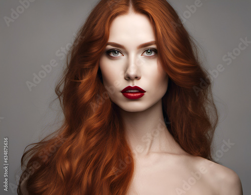 Portrait of beautiful young woman with brown hair and bright makeup