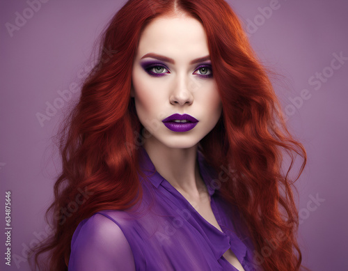 Portrait of beautiful young woman with red hair and purple makeup