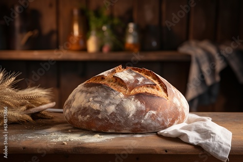 Bakery food photography background - Sourdough bread with crispy crust on wooden table | Generative AI