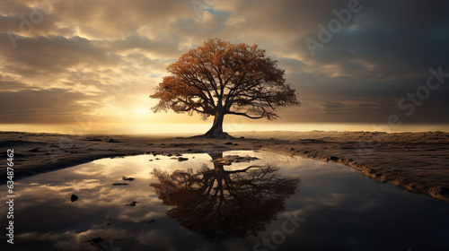 landscape with last leftover tree and clouds with no other trees or green plants in a post apocalyptic world of earth