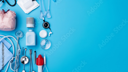 soft light blue medical background with pills med tools stethoscope and surgical items