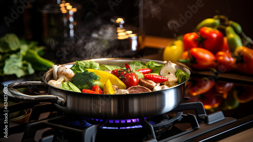 cooking pot with fresh vegetables in a pan with spices and ingredients