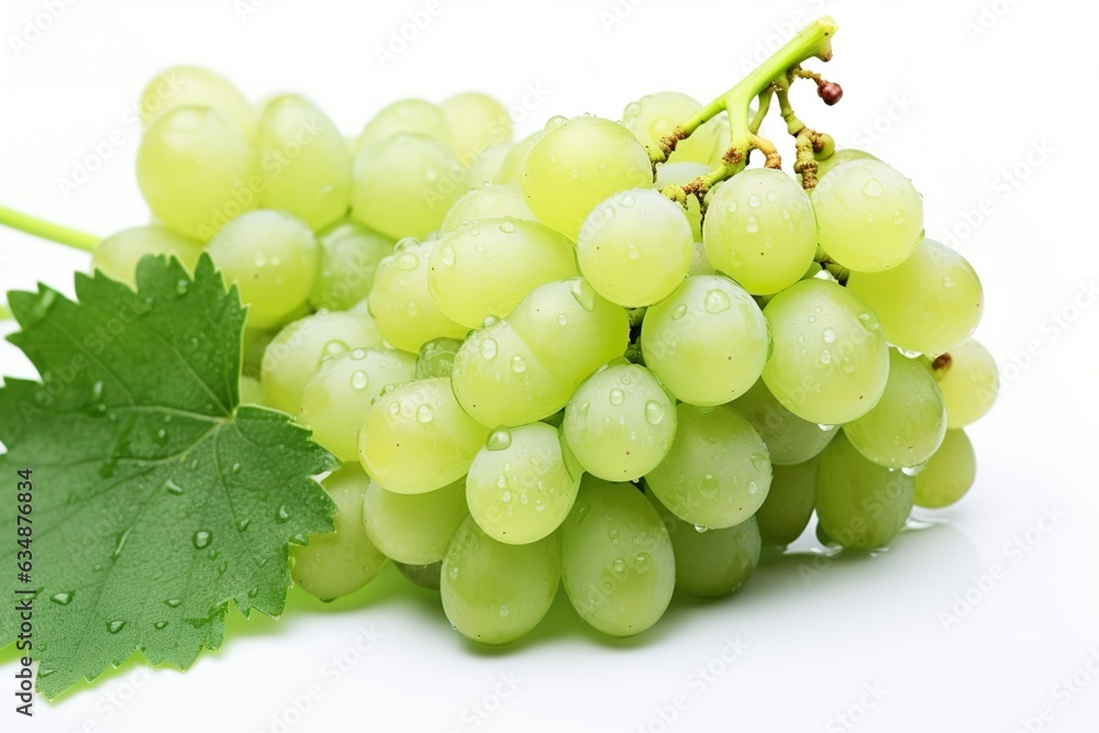 Vineyards, grape harvest food fruits background - Closeup of green white wet ripe grapes bunch with water drops, isolated on white background | Generative AI Vineyards, grape harvest food fruits background - Closeup of green white wet ripe grapes bunch with water drops, isolated on white background | Generative AI