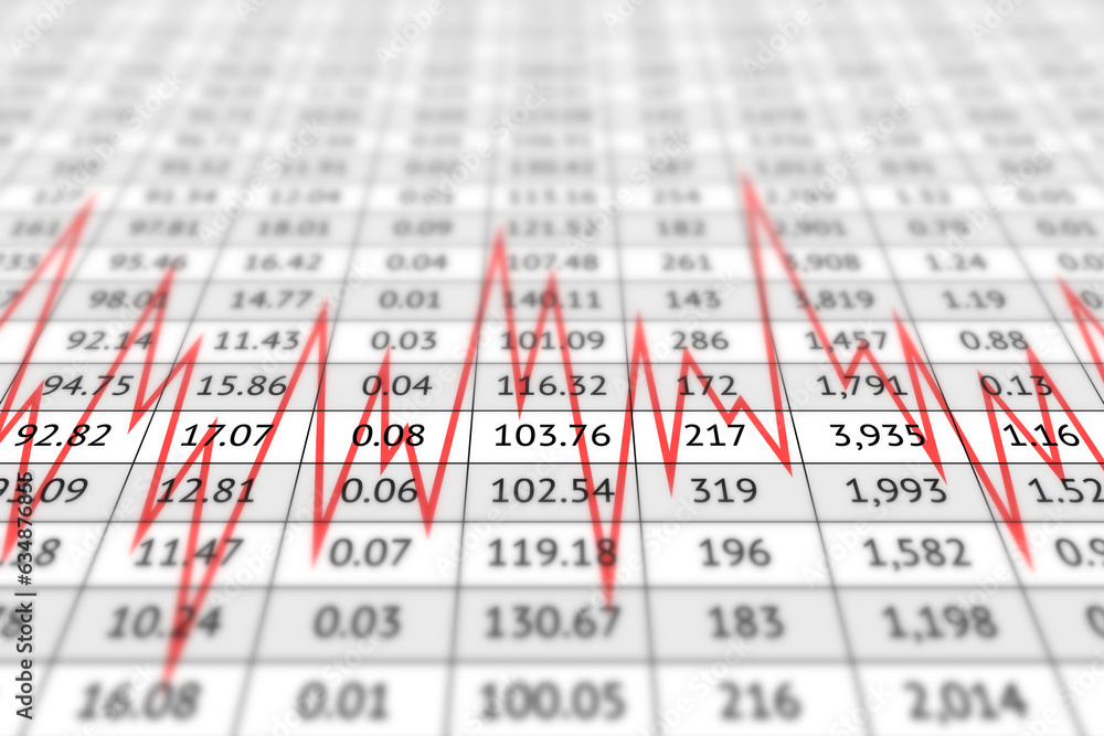 Digital summary table with numerical data and red zigzag line Digital summary table with numerical data and red zigzag line