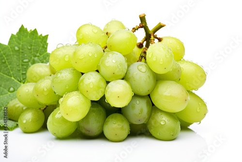 Vineyards, grape harvest food fruits background - Closeup of green white wet ripe grapes bunch with water drops, isolated on white background | Generative AI