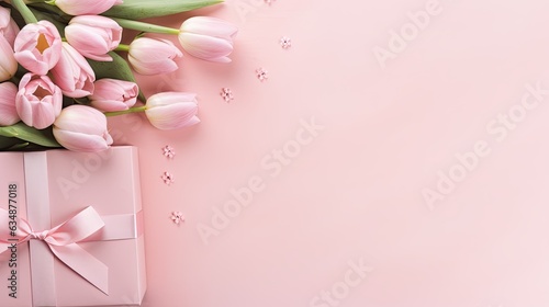Bouquet of tulips with pink box on a pink background © Adriana