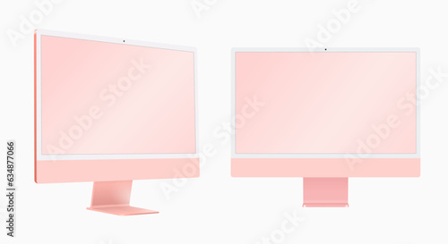 Desktop computer pink color 3D realistic vector mockup (ID: 634877066)