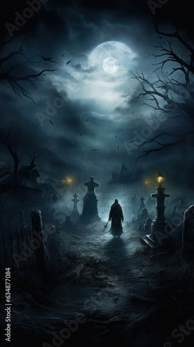 Eerie Cemetery Silhouette: Dark Spooky Figure Amidst Foggy Halloween Theme Generative AI