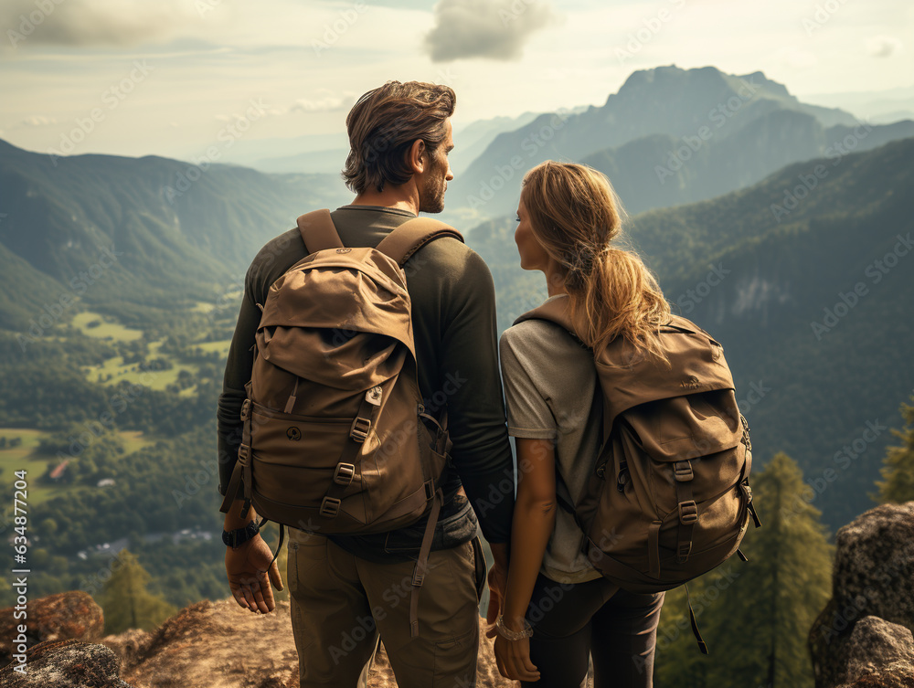 A couple of tourists a man and a woman with backpacks stand on top, reached destination of trip A couple of tourists a man and a woman with backpacks stand on top, reached destination of trip