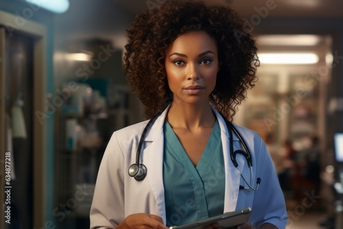 Portrait of female African American doctor standing in hospital