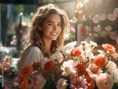 Young female florist collects a bouquet in flower shop