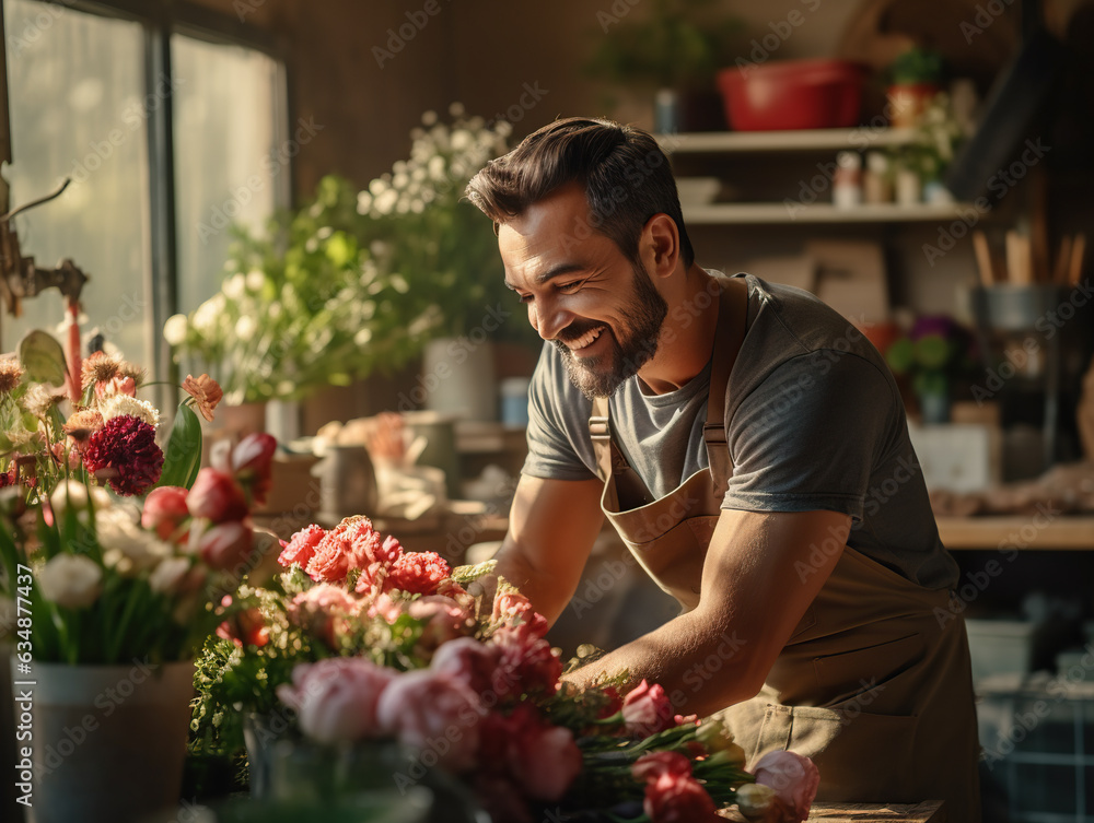 Male florist collects a bouquet in flower shop