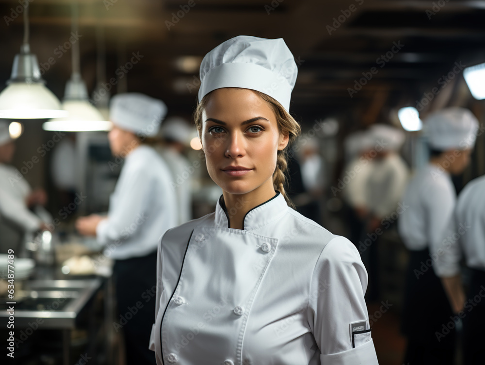 Woman chef in white uniform in restaurant kitchen Woman chef in white uniform in restaurant kitchen