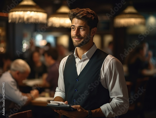 A friendly waiter in an expensive restaurant takes an order