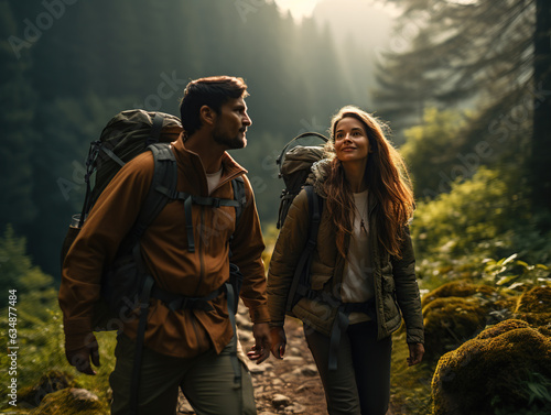 A couple of tourists man and woman with backpacks on a hike in the forest