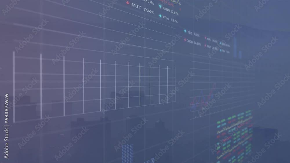 Animation of statistical and stock market data processing against aerial view of cityscape Animation of statistical and stock market data processing against aerial view of cityscape