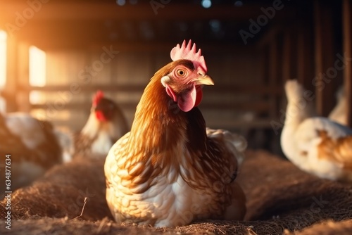 mother hen incubates eggs in a chicken coop at a poultry farm. Generative AI