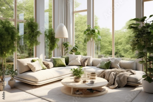 Minimalist Scandinavian interior design in a brightly lit studio with panoramic windows, a spacious modular sofa, and vibrant green plants. This is depicted through a .