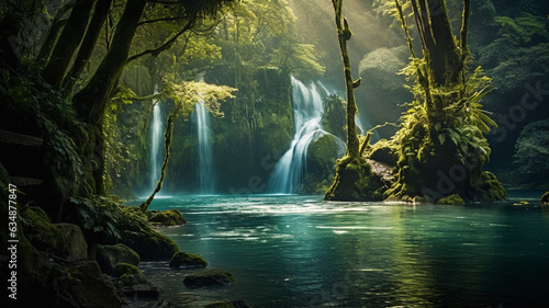 Waterfall in the middle of a jungle  fantasy landscapes - generative AI  AI generated