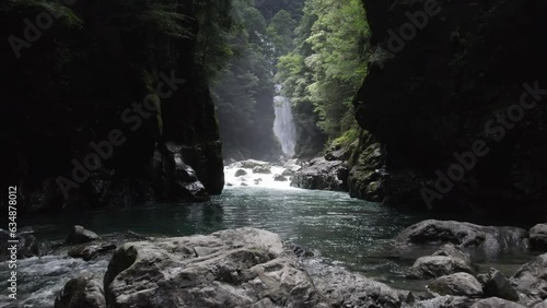 Waterfall and river in the mountain in Odaicho, Mie Japan by drone photo