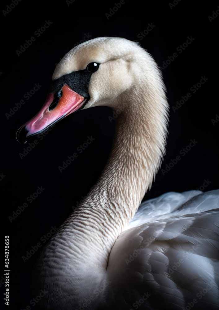 Fototapeta premium Animal portrait of a swan on a black background conceptual for frame