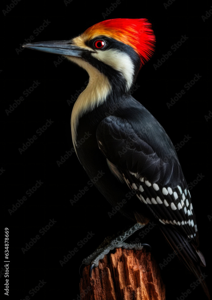 Fototapeta premium Animal portrait of a woodpecker on a black background conceptual for frame