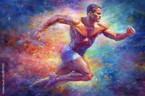 Painting of Runner in abstract energetic background, genertative ai