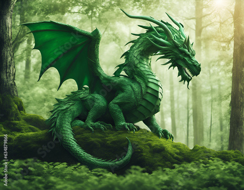 Beautiful woody green dragon on the background of a mystical forest, an animal symbol of 2024 new year © Tilra