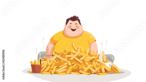 AI generated, vector illustration, flat illustration, no color gradient, caricature illustration, fat man eating french fries on white background, copy space is available.