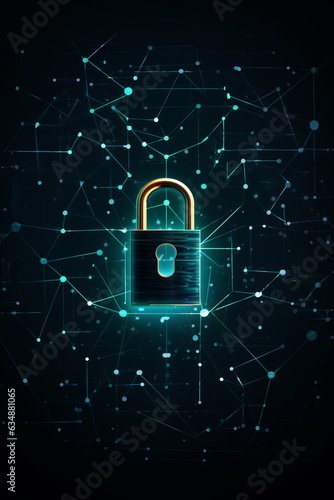 Cyber security concept. Lock symbol from lines and triangles, point connecting network on blue background. High quality photo
