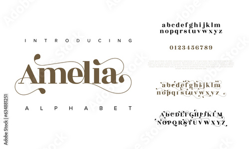 Amelia premium luxury elegant alphabet letters and numbers. Elegant wedding typography classic serif font decorative vintage retro. Creative vector illustration