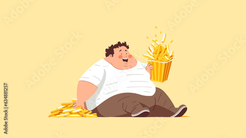 AI generated, vector illustration, flat illustration, no color gradient, caricature illustration, fat man eating french fries on a yellow background, copy space is available.