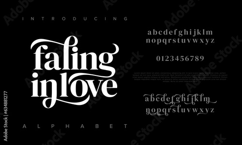 Fallinginlove premium luxury elegant alphabet letters and numbers. Elegant wedding typography classic serif font decorative vintage retro. Creative vector illustration