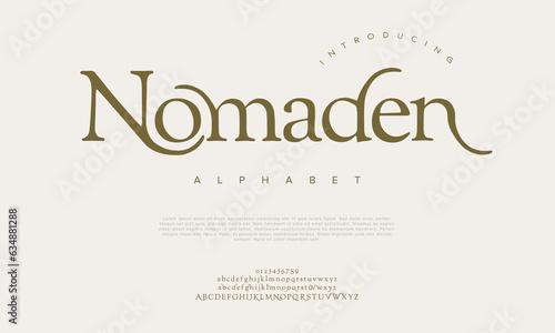 Nomaden premium luxury elegant alphabet letters and numbers. Elegant wedding typography classic serif font decorative vintage retro. Creative vector illustration