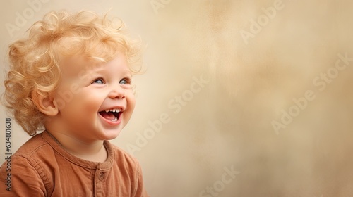 a horizontal layout of a blonde infant boy model looking up 3/4 view with subtle background and space for copy for mock-ups / product display in a Commercial-themed JPG format. gnerative ai photo