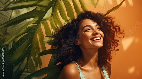  a horizontal format of a young smiling brunette female model, 3/4 view with a tropical foliage background with space for copy in a product and mock-up Glamour-themed JPG format. generative AI